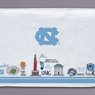 Tea Towel with University of North Carolina logos and symbols on a white background