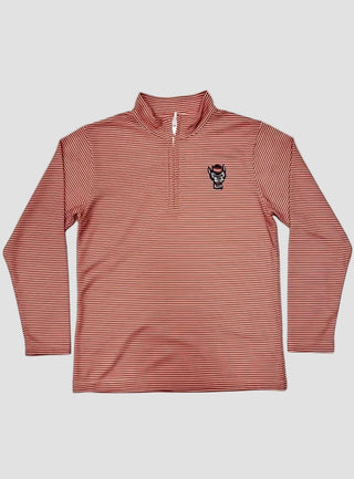 Youth red and white striped long-sleeve shirt with a NC State logo on a light gray background