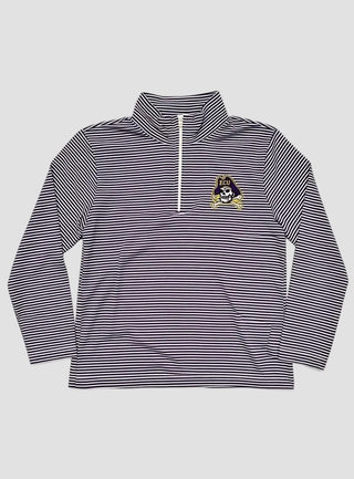 Youth purple and white striped pullover with a pirates logo on a light gray background