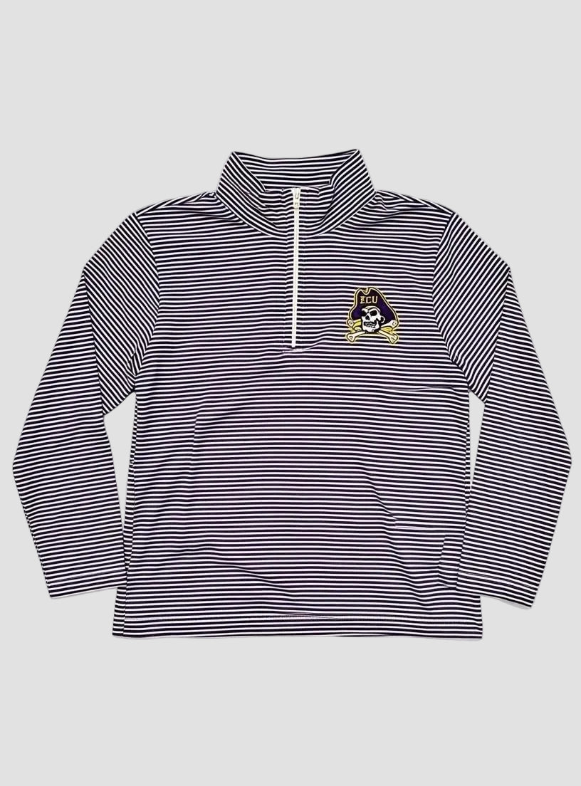Youth purple and white striped pullover with a pirates logo on a light gray background
