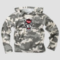 Camouflage hoodie with NC State logo on a gray background