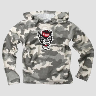 Camouflage hoodie with NC State logo on a gray background