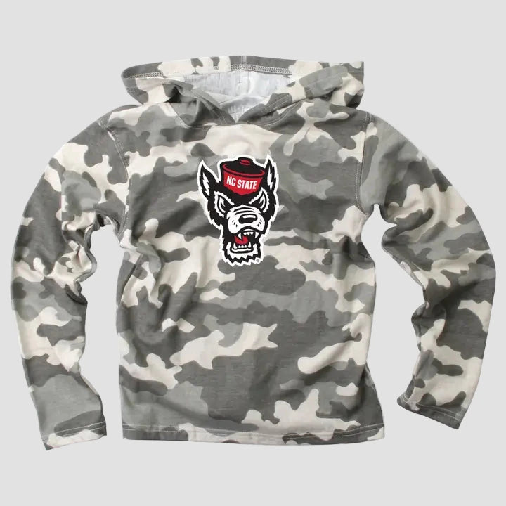 Camouflage hoodie with NC State logo on a gray background