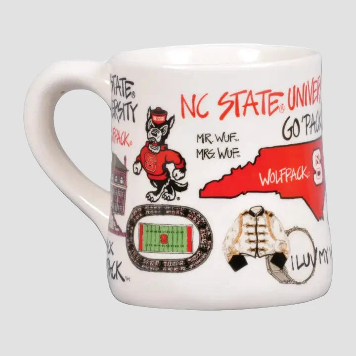 NC State University mug with various graphics and text on a white background