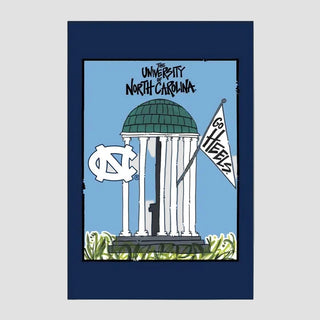 Flag depicting the University of North Carolina campus with a flag and blue border.