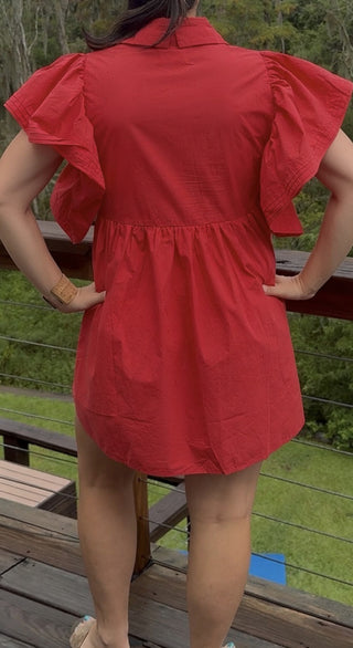 Ruffled Sleeve Midi Red Dress