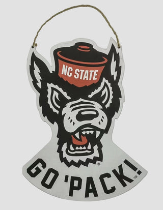 Decorative door sign with NC State wolf logo and 'Go Pack!' text on a white background