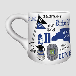 Mug with Duke University-themed designs on a white background