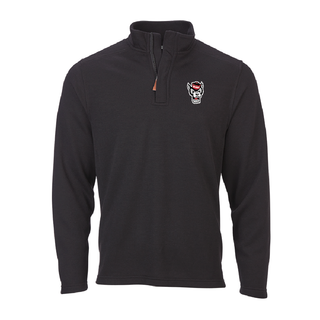 Black quarter zip with a NC State embroderied wolf on the chest against a white background