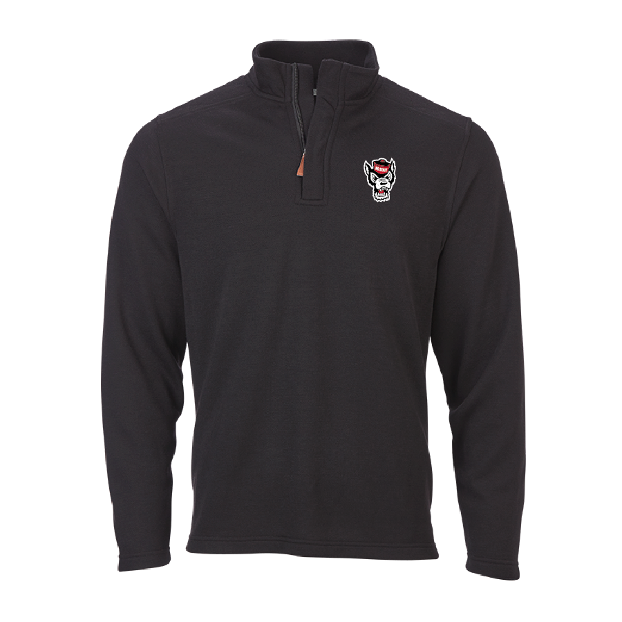 Black quarter zip with a NC State embroderied wolf on the chest against a white background