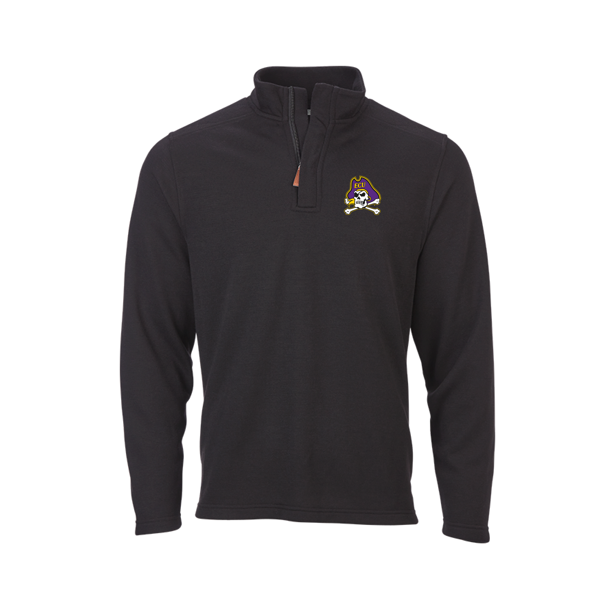 Black long-sleeve quarter zip with a ECU embroidered pirate on the chest against a white background