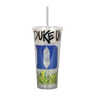 Clear plastic tumbler with Duke University logo on a white background