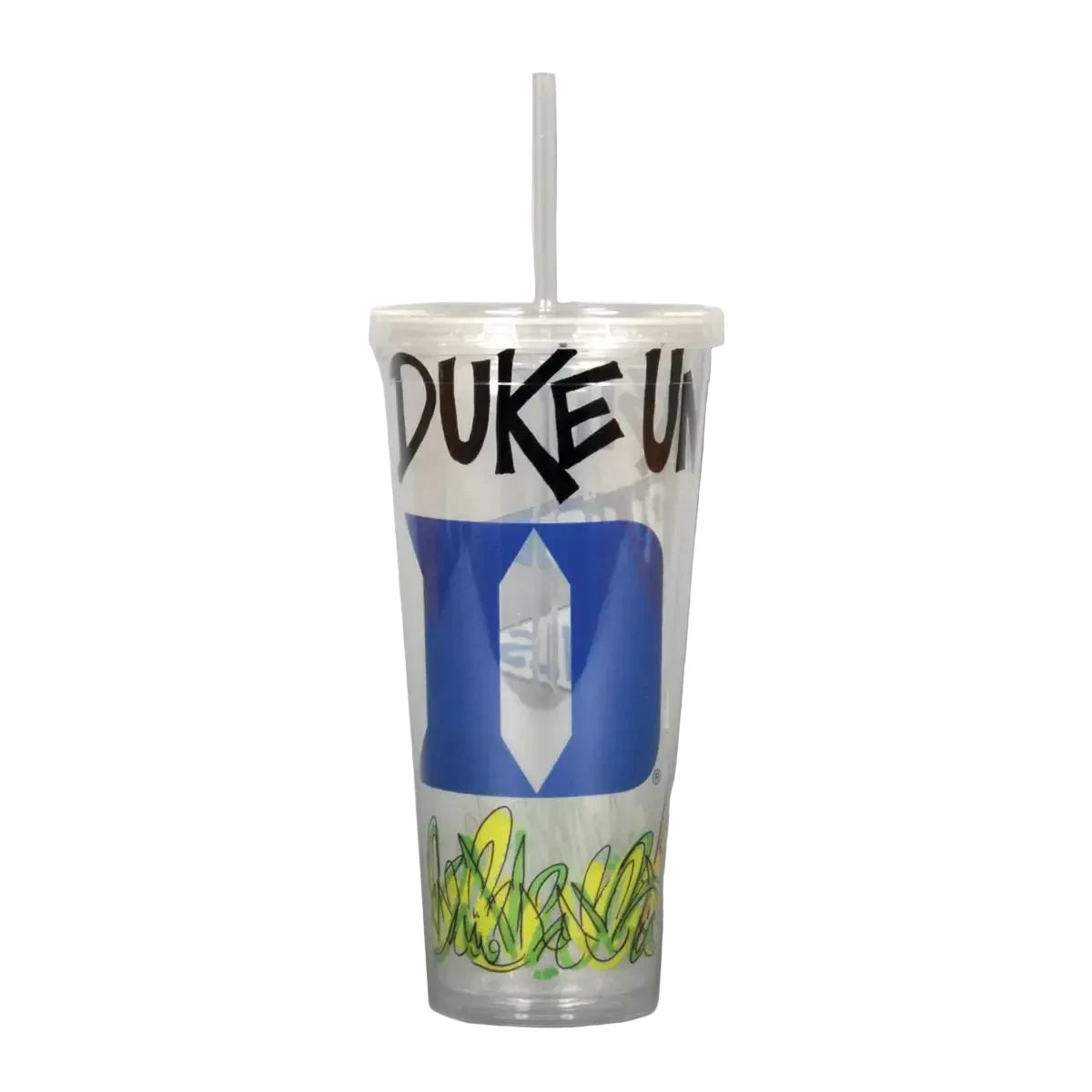 Clear plastic tumbler with Duke University logo on a white background