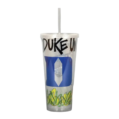 Clear plastic tumbler with Duke University logo on a white background