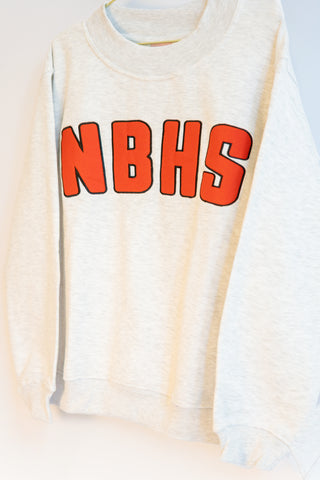 Light gray mock neck sweatshirt with red 'NBHS' text on a white background
