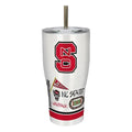 White tumbler with NC State Wolfpack logo and graphics on a gray background