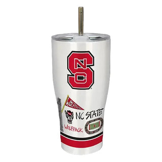 White tumbler with NC State Wolfpack logo and graphics on a gray background