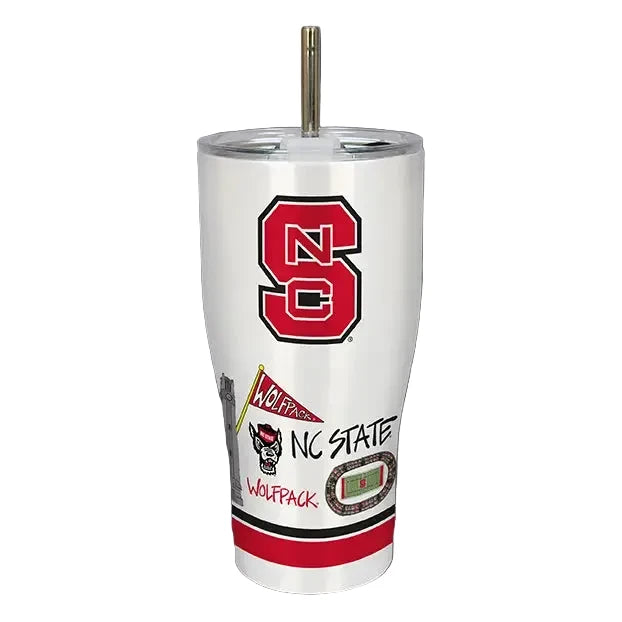 White tumbler with NC State Wolfpack logo and graphics on a gray background