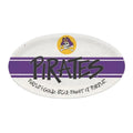 Oval-shaped ceramic plate with 'Pirates' text and logo on a white background