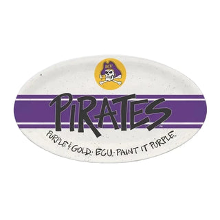 Oval-shaped ceramic plate with 'Pirates' text and logo on a white background