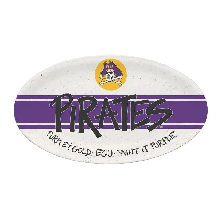 Oval-shaped ceramic plate with 'Pirates' text and logo on a white background