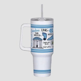 Tumbler with Carolina Tar Heels design on a white background