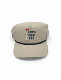 Beige cap with 'Let's Par Tee' text and golf flag design on a white background