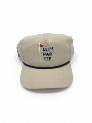 Beige cap with 'Let's Par Tee' text and golf flag design on a white background