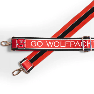 A red, black, and white adjustable webbing strap with a buckle, metal clasp, and 'GO WOLFPACK' text with the NC Wolfpack logo.