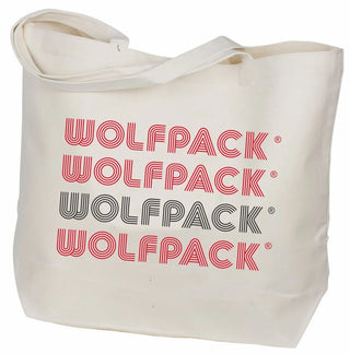 An off-white canvas tote bag featuring the word 'WOLFPACK' printed repeatedly in red and black outline text on the front, set against a plain white background.