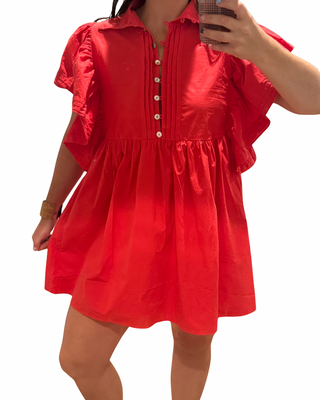 Ruffled Sleeve Midi Red Dress