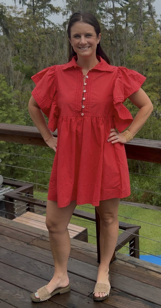 Ruffled Sleeve Midi Red Dress