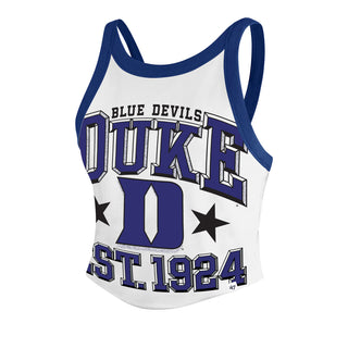 White tank top with 'Blue Devils Duke' text and logo on a white background