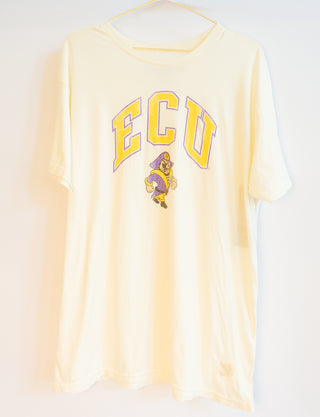 A cream-colored short-sleeve t-shirt hanging on a hanger against a white wall, featuring a yellow and purple 'ECU' graphic with the Texas Longhorns mascot on the front.