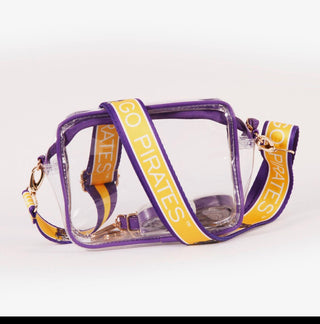A clear plastic pouch bag with purple trim and a wide yellow-and-purple webbed strap printed with the words 'GO PIRATES'.
