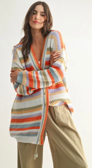 Oversized Multicolor Striped Knit Cardigan