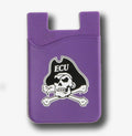 A purple plastic card holder or money clip featuring the ECU Pirates logo with a skull and crossbones on a white background.