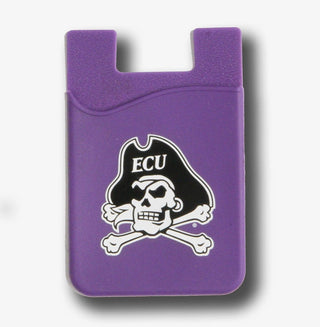 A purple plastic card holder or money clip featuring the ECU Pirates logo with a skull and crossbones on a white background.