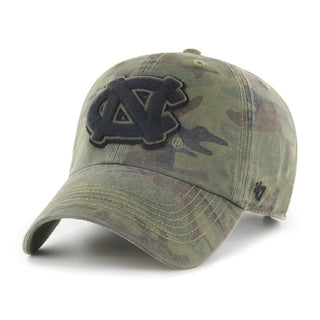Camouflage baseball cap with UNC embodied on it on a white background