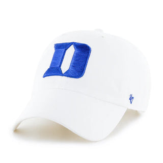 White hat with Duke "D" embroidered on it  with a white background.