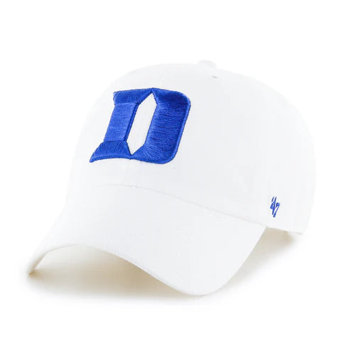 White hat with Duke "D" embroidered on it  with a white background.