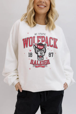 Person wearing a white sweatshirt with 'NC State Wolfpack' print on a plain background