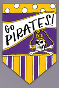 Decorative banner with 'Go Pirates!' text and ECU logo on a yellow and purple background