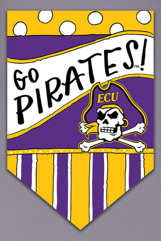 Decorative banner with 'Go Pirates!' text and ECU logo on a yellow and purple background