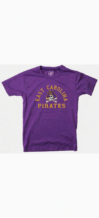 Purple t-shirt with 'East Carolina Pirates' text and logo on a white background