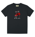 Black t-shirt with Mr. and Mrs. Wuf for NC State wearing red and black outfits on a white background