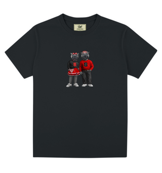 Black t-shirt with Mr. and Mrs. Wuf for NC State wearing red and black outfits on a white background