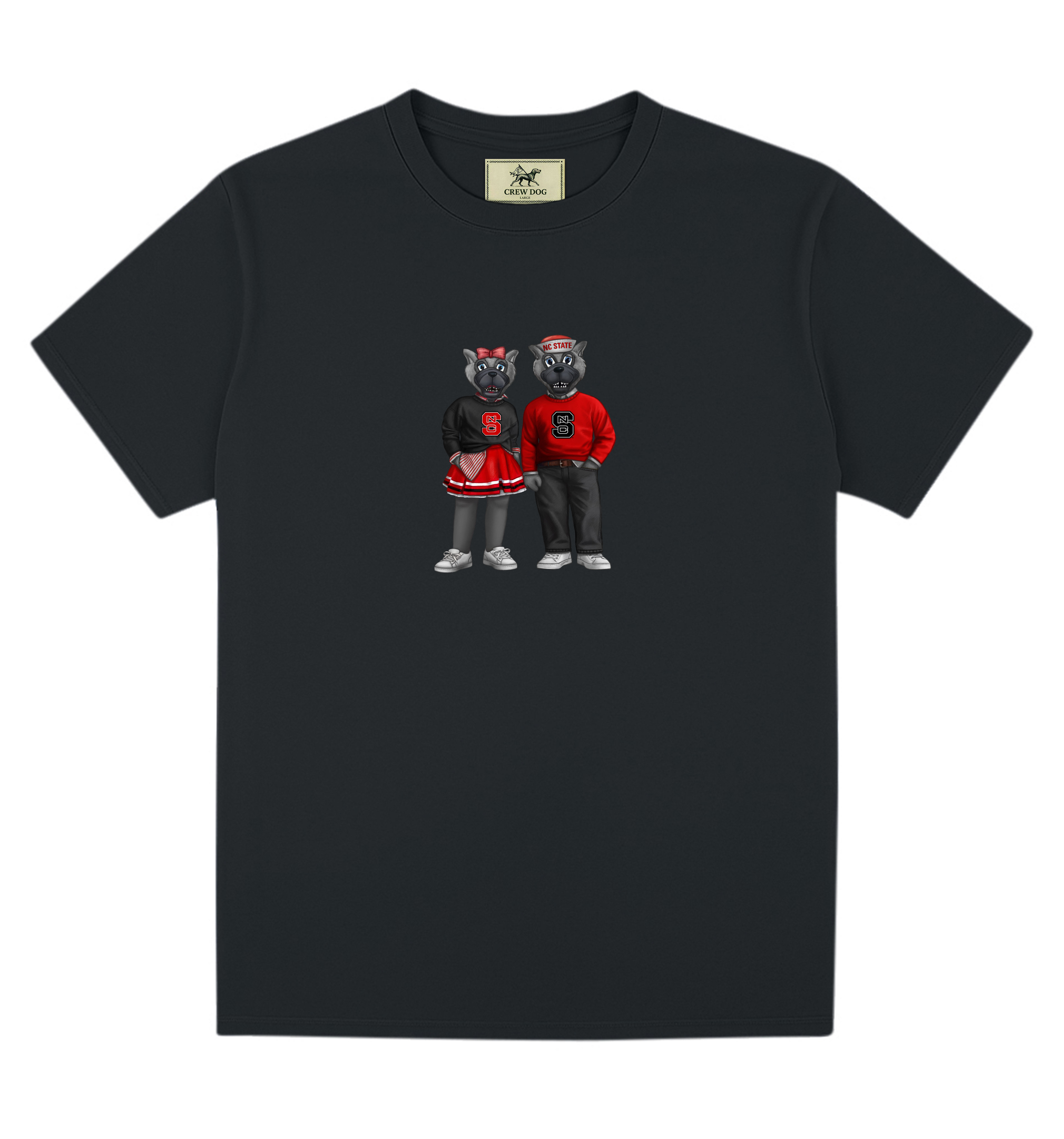 Black t-shirt with Mr. and Mrs. Wuf for NC State wearing red and black outfits on a white background