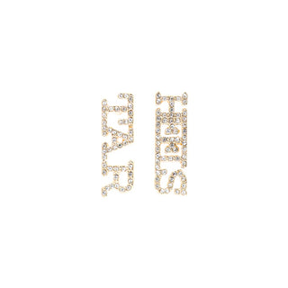 Pair of gold earrings that read "TAR HEELS" on a white background