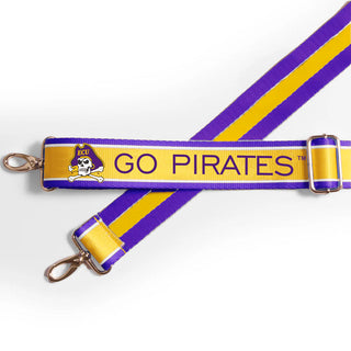 A purple and gold adjustable web strap with metal hardware, featuring the text 'GO PIRATES' and the Duke Blue Devils logo on a white background.